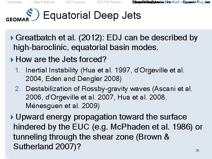 Introduction Data & Methods EUC Transport EUC-TAV Relation Equatorial Deep Ocean Deep Dynamics Jets