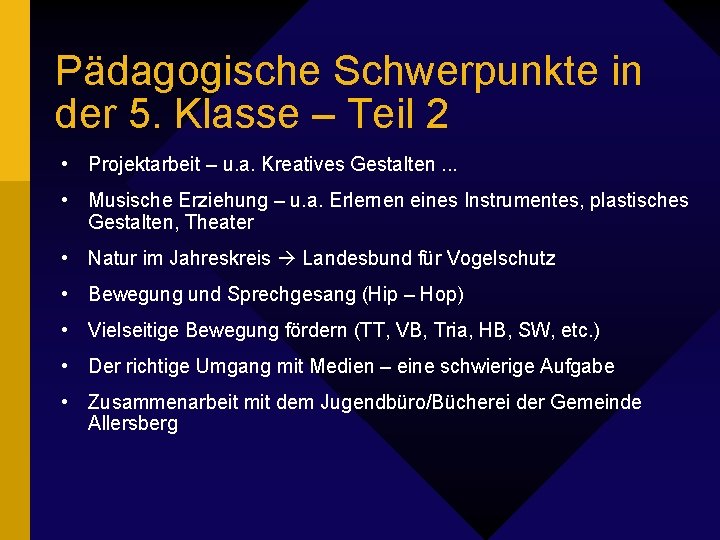 Pädagogische Schwerpunkte in der 5. Klasse – Teil 2 • Projektarbeit – u. a.