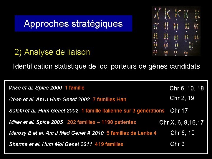 Approches stratégiques 2) Analyse de liaison Identification statistique de loci porteurs de gènes candidats