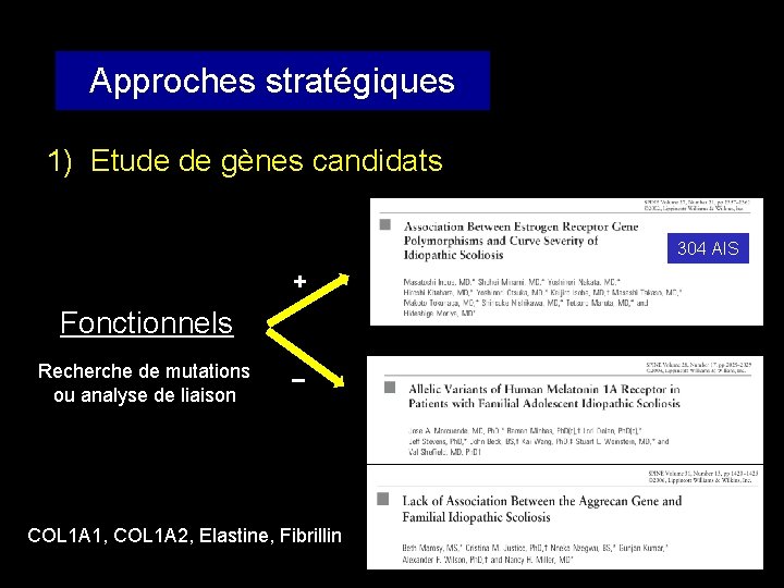 Approches stratégiques 1) Etude de gènes candidats 304 AIS + Fonctionnels Recherche de mutations