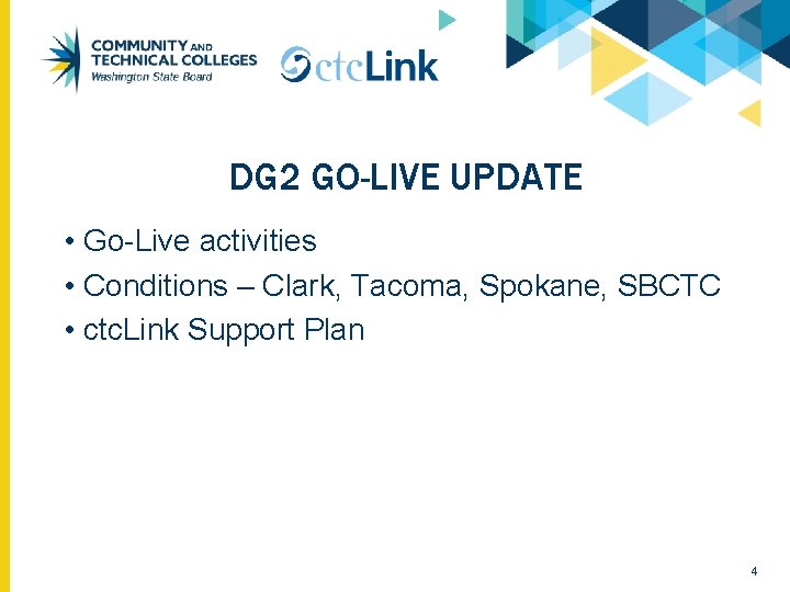 DG 2 GO-LIVE UPDATE • Go-Live activities • Conditions – Clark, Tacoma, Spokane, SBCTC