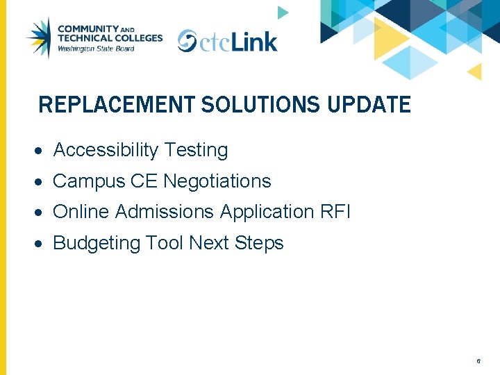 REPLACEMENT SOLUTIONS UPDATE Accessibility Testing Campus CE Negotiations Online Admissions Application RFI Budgeting Tool