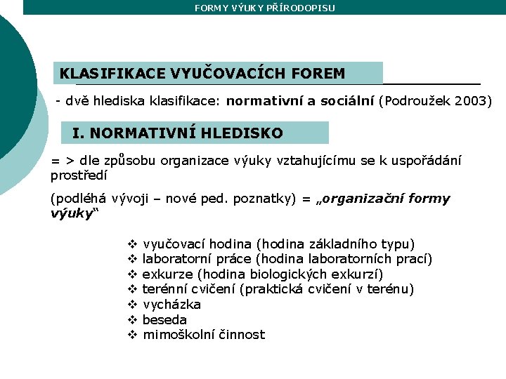 FORMY VÝUKY PŘÍRODOPISU KLASIFIKACE VYUČOVACÍCH FOREM - dvě hlediska klasifikace: normativní a sociální (Podroužek