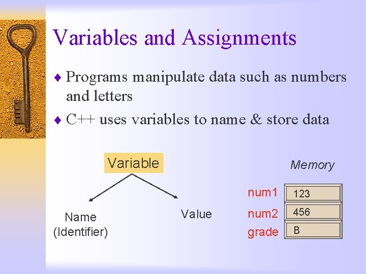 Variables and Assignments ¨ Programs manipulate data such as numbers and letters ¨ C++