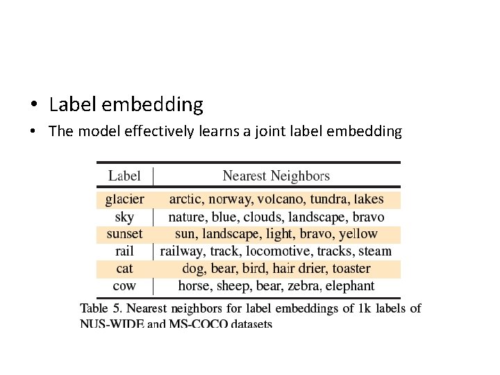  • Label embedding • The model effectively learns a joint label embedding 