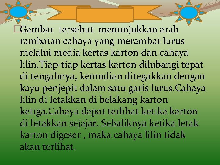 �Gambar tersebut menunjukkan arah rambatan cahaya yang merambat lurus melalui media kertas karton dan