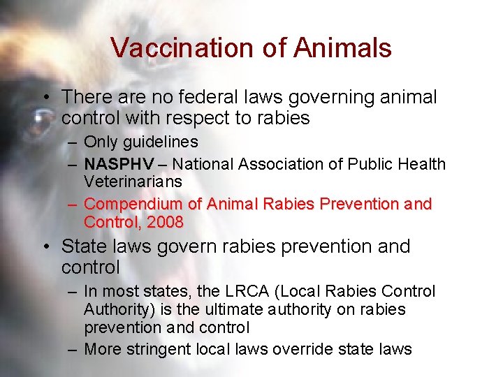 Vaccination of Animals • There are no federal laws governing animal control with respect