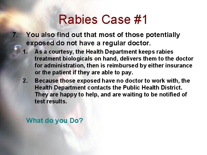 Rabies Case #1 7. You also find out that most of those potentially exposed