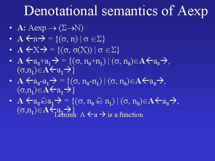 Denotational semantics of Aexp A: Aexp ( N) A n = {( , n)