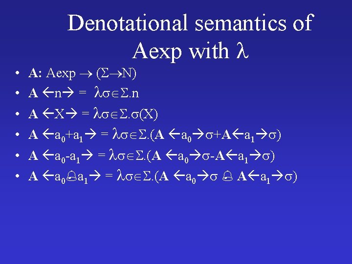 Denotational semantics of Aexp with • A: Aexp ( N) • A n =