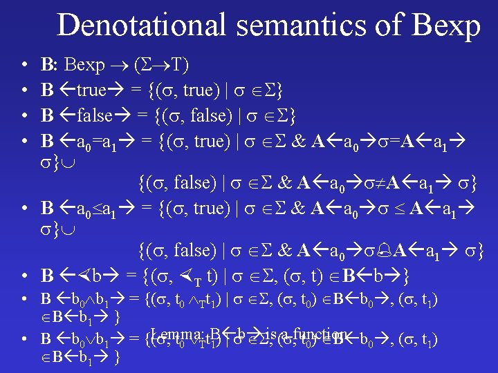 Denotational semantics of Bexp B: Bexp ( T) B true = {( , true)