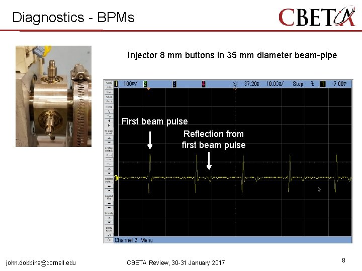 Diagnostics - BPMs Injector 8 mm buttons in 35 mm diameter beam-pipe First beam