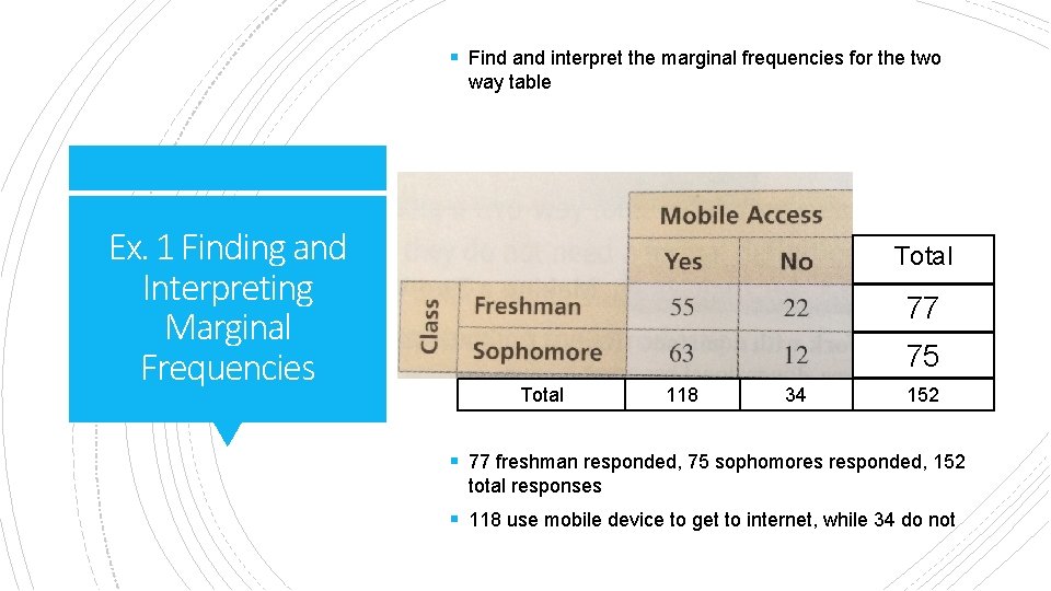 § Find and interpret the marginal frequencies for the two way table Ex. 1