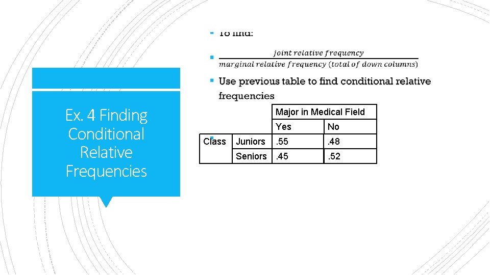 Ex. 4 Finding Conditional Relative Frequencies Major in Medical Field § Class Yes No