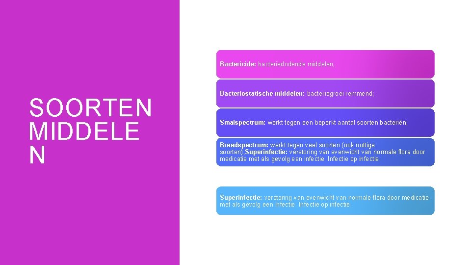 Bactericide: bacteriedodende middelen; SOORTEN MIDDELE N Bacteriostatische middelen: bacteriegroei remmend; Smalspectrum: werkt tegen een