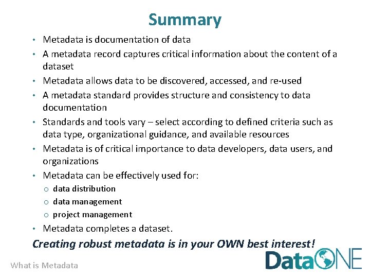 Summary • Metadata is documentation of data • A metadata record captures critical information
