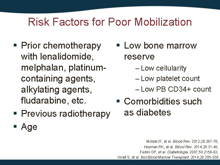 Risk Factors for Poor Mobilization § Prior chemotherapy § Low bone marrow with lenalidomide,