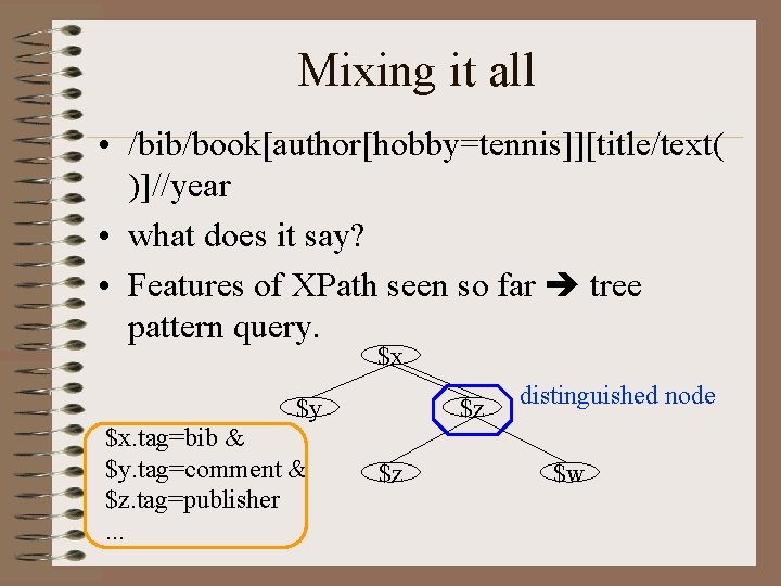 Mixing it all • /bib/book[author[hobby=tennis]][title/text( )]//year • what does it say? • Features of