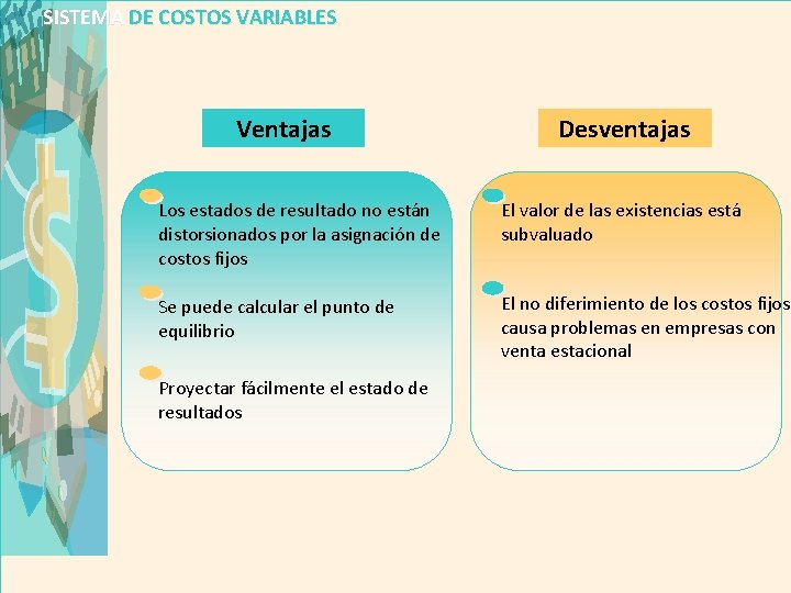 SISTEMA DE COSTOS VARIABLES Ventajas Desventajas Los estados de resultado no están distorsionados por