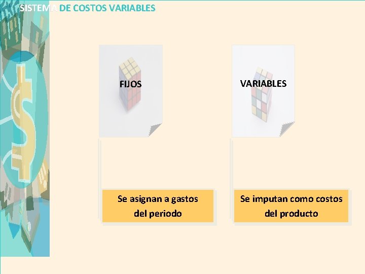 SISTEMA DE COSTOS VARIABLES FIJOS VARIABLES Se asignan a gastos del periodo Se imputan