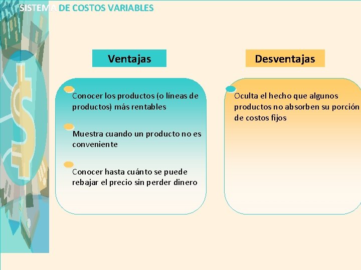 SISTEMA DE COSTOS VARIABLES Ventajas Conocer los productos (o líneas de productos) más rentables