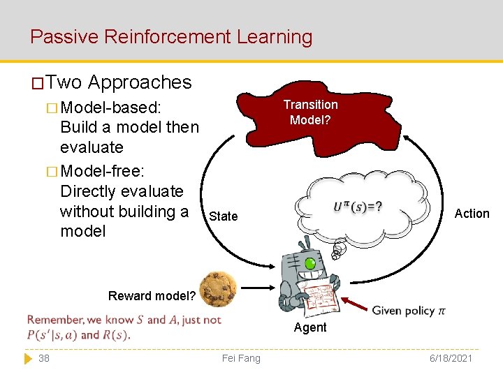 Passive Reinforcement Learning �Two Approaches Transition Model? � Model-based: Build a model then evaluate