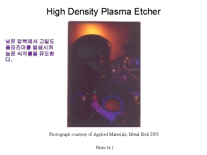 High Density Plasma Etcher 낮은 압력에서 고밀도 플라즈마를 발생시켜 높은 식각률을 유도한 다. Photograph High Density Plasma Etcher 낮은 압력에서 고밀도 플라즈마를 발생시켜 높은 식각률을 유도한 다. Photograph
