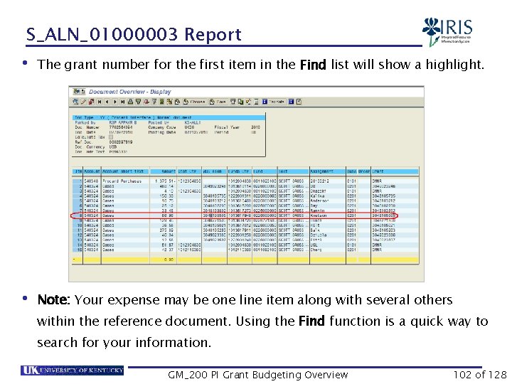 S_ALN_01000003 Report • The grant number for the first item in the Find list