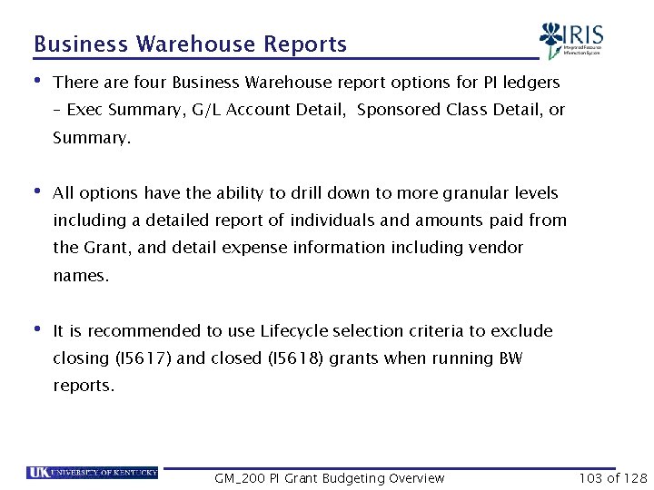 Business Warehouse Reports • There are four Business Warehouse report options for PI ledgers