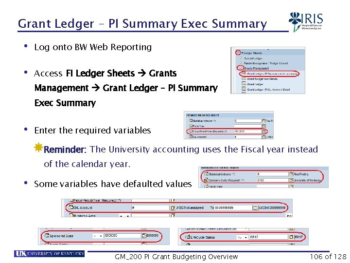 Grant Ledger – PI Summary Exec Summary • Log onto BW Web Reporting •