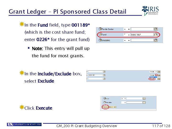 Grant Ledger – PI Sponsored Class Detail In the Fund field, type 001189* (which