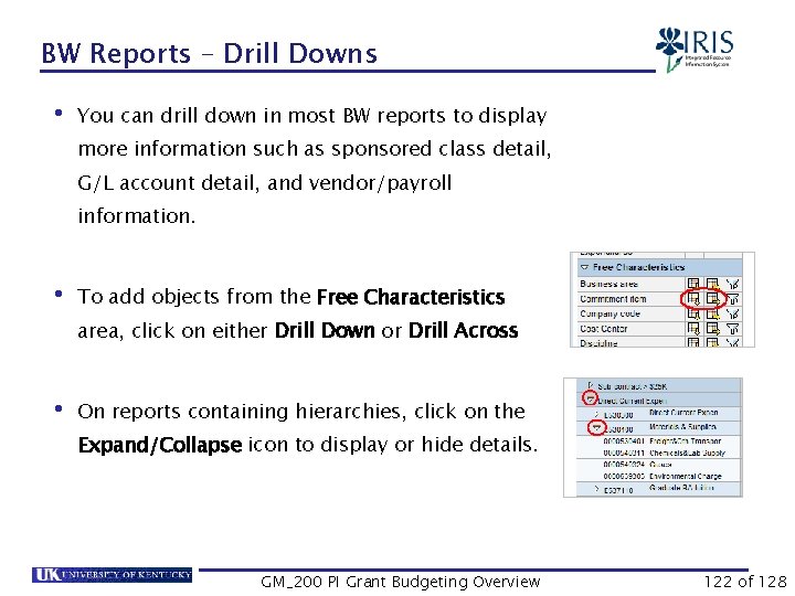 BW Reports – Drill Downs • You can drill down in most BW reports