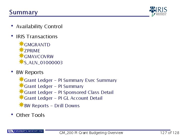 Summary • Availability Control • IRIS Transactions GMGRANTD ZPRIME GMAVCOVRW S_ALN_01000003 • BW Reports