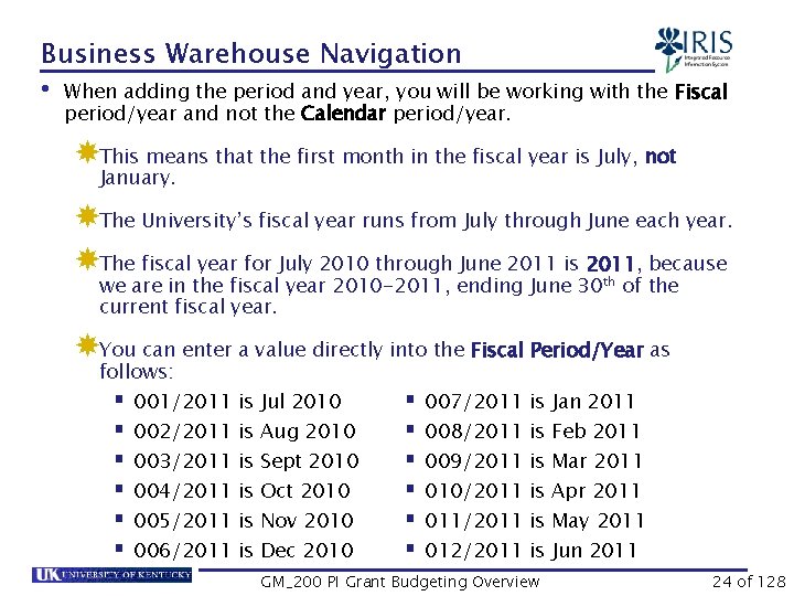 Business Warehouse Navigation • When adding the period and year, you will be working