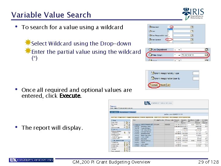 Variable Value Search • To search for a value using a wildcard Select Wildcard