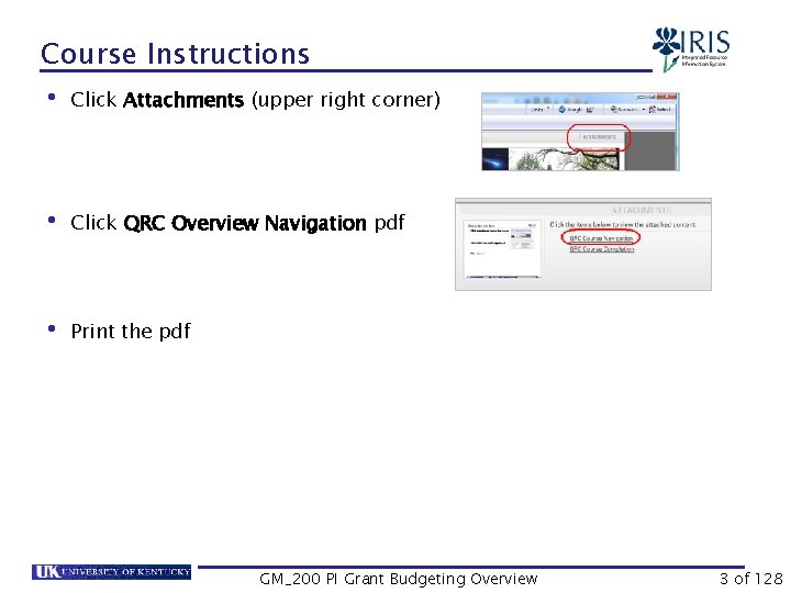 Course Instructions • Click Attachments (upper right corner) • Click QRC Overview Navigation pdf