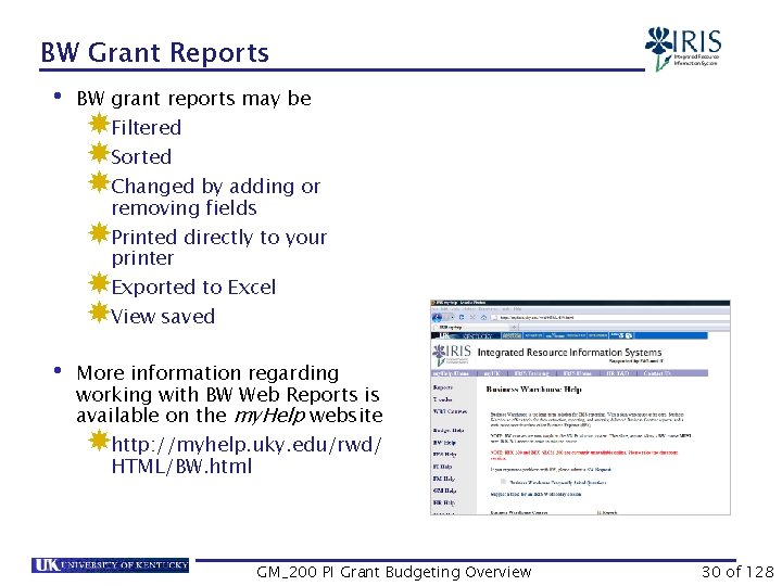 BW Grant Reports • BW grant reports may be Filtered Sorted Changed by adding