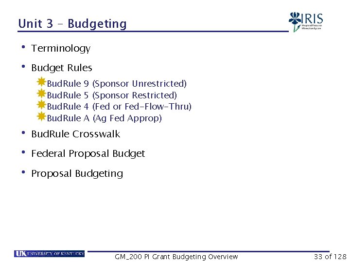 Unit 3 – Budgeting • Terminology • Budget Rules Bud. Rule 9 (Sponsor Unrestricted)