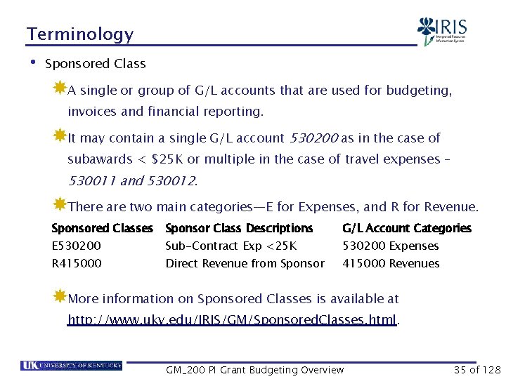 Terminology • Sponsored Class A single or group of G/L accounts that are used