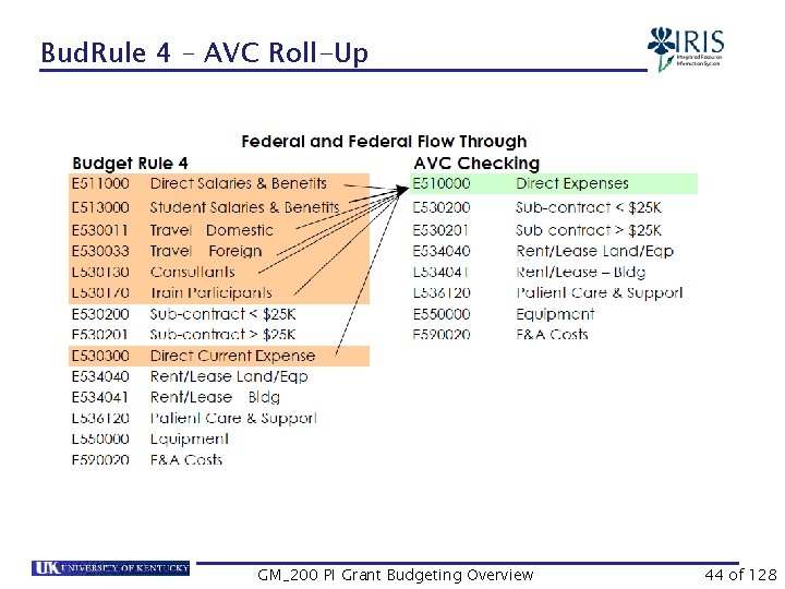 Bud. Rule 4 – AVC Roll-Up GM_200 PI Grant Budgeting Overview 44 of 128