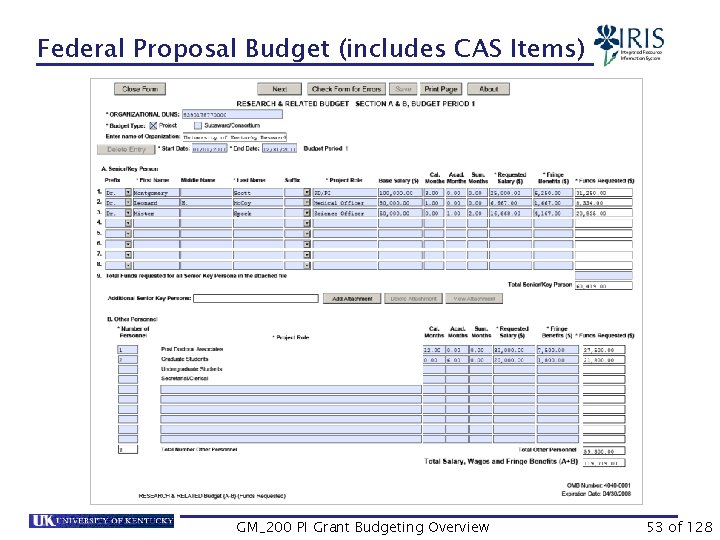 Federal Proposal Budget (includes CAS Items) GM_200 PI Grant Budgeting Overview 53 of 128