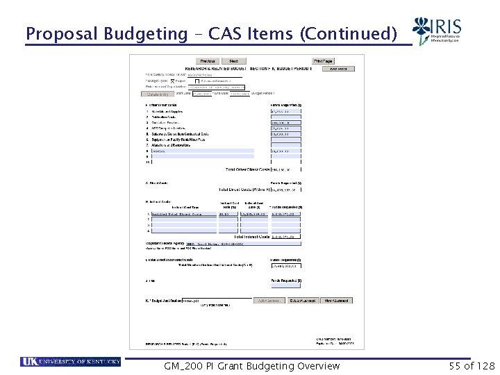 Proposal Budgeting – CAS Items (Continued) GM_200 PI Grant Budgeting Overview 55 of 128