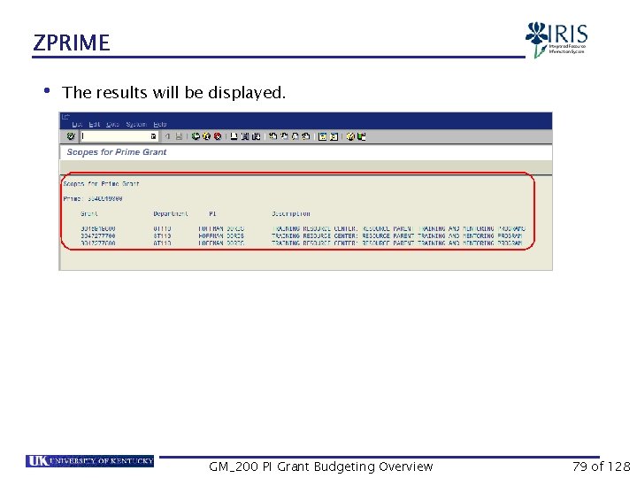 ZPRIME • The results will be displayed. GM_200 PI Grant Budgeting Overview 79 of