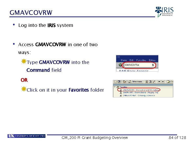 GMAVCOVRW • Log into the IRIS system • Access GMAVCOVRW in one of two
