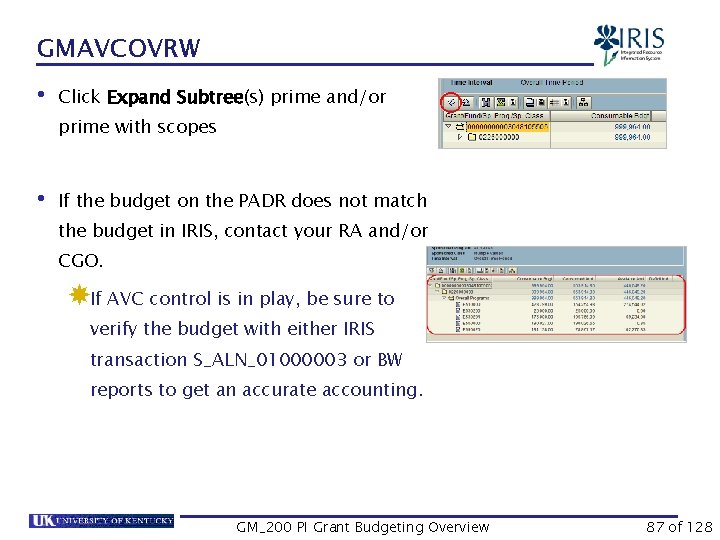 GMAVCOVRW • Click Expand Subtree(s) prime and/or prime with scopes • If the budget