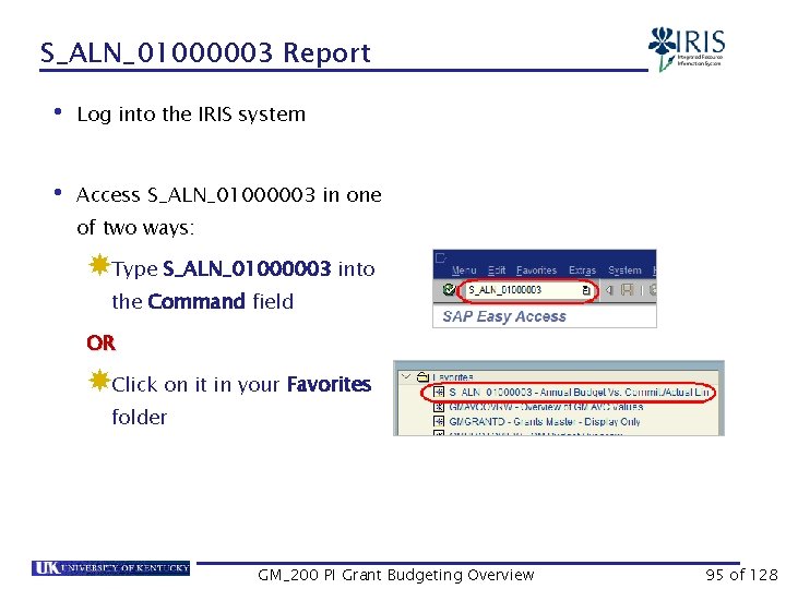 S_ALN_01000003 Report • Log into the IRIS system • Access S_ALN_01000003 in one of