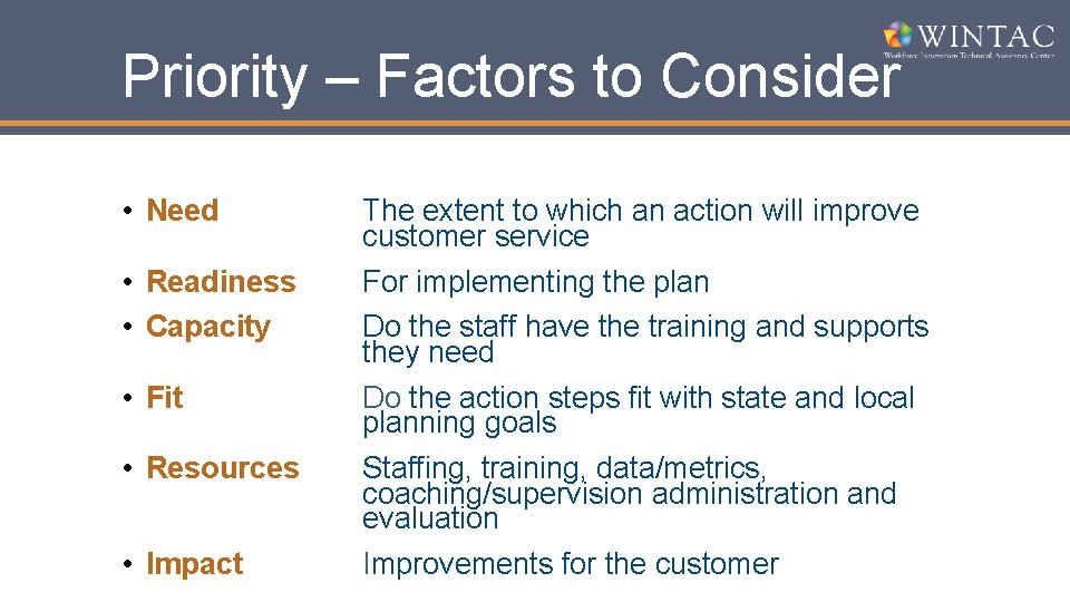 Priority – Factors to Consider • Need The extent to which an action will