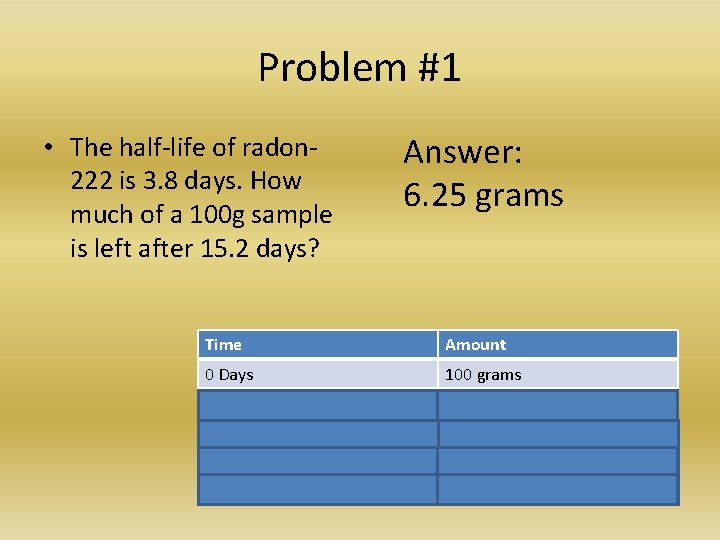 Problem #1 • The half-life of radon 222 is 3. 8 days. How much