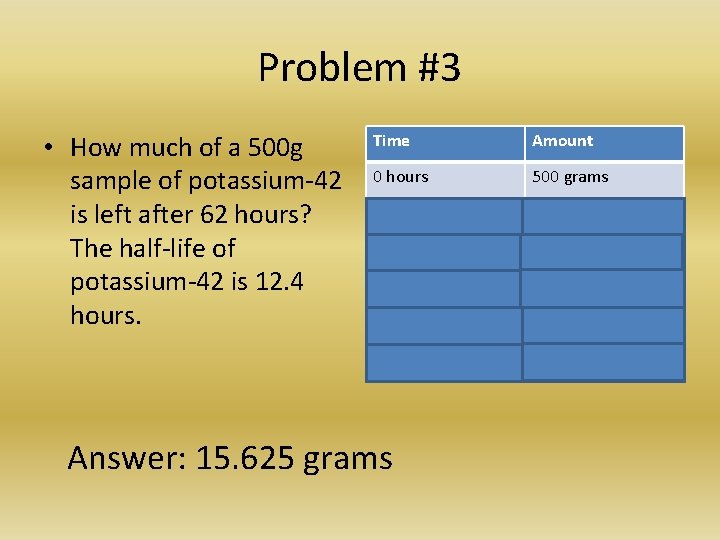 Problem #3 • How much of a 500 g sample of potassium-42 is left