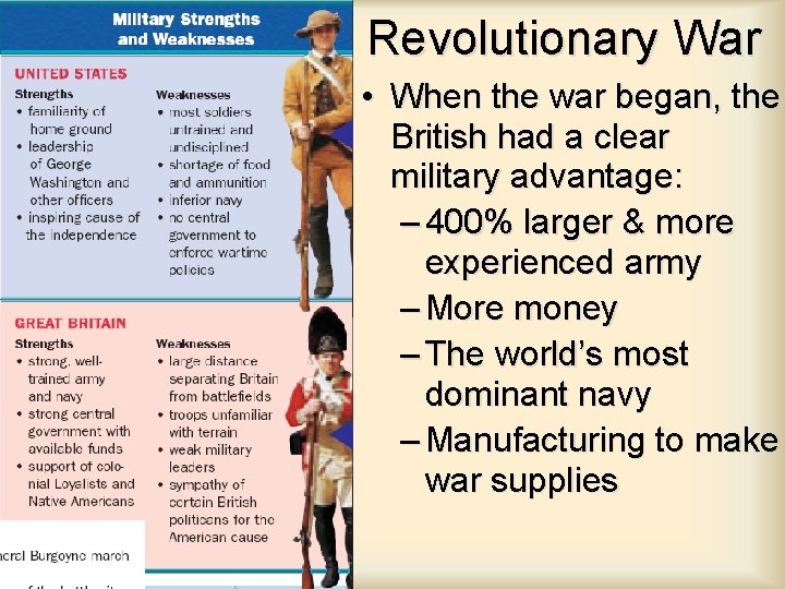 Revolutionary War • When the war began, the British had a clear military advantage: